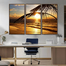 Golden Tropical Beach Sunset Canvas Triptych, Coastal Palm