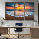 Sunset Beach Canvas Wall Art – Colorful Ocean Waves Triptych