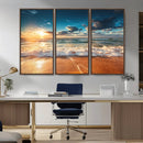 Golden Sunset Beach Triptych Canvas Art, Giclee Coastal Wall