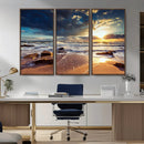 Golden Hour Beach Sunset Canvas Triptych, Ocean Waves and