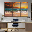 Golden Sunset Beach Canvas Wall Art – Triptych Seascape
