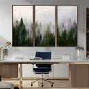 Misty Pine Forest Wall Art Canvas Print | 3 Panel Green