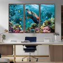 Sea Turtle and Coral Reef Triptych Wall Art – Vibrant
