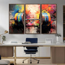 Weightlifting Barbell Art Triptych, Bold Abstract Fitness