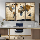 World Map Wall Art – Antique Style Blue and Brown Map Canvas
