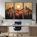 Wood Style Abstract Mountain Sunset Canvas Wall Art Print -