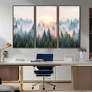 Misty Pine Forest Wall Art Canvas, Sunrise Over Foggy Trees
