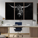 Texas Longhorn Wall Art Canvas Print – Framed Monochrome