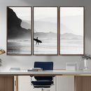 Surfer Beach Wall Art – Framed Black White Ocean Canvas