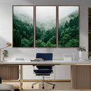 Misty Green Forest Canvas Print – Framed Serene Foggy Pine