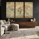 World Map Wall Art Canvas Print, Rustic Map Print, Framed