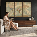 World Map Wall Art Canvas Print, Rustic Map Print, Framed