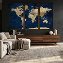 Navy Blue World Map Canvas Print – Detailed Map Minimal Navy