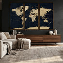 Dark World Map Canvas Wall Art Print, Minimal Black and Gold
