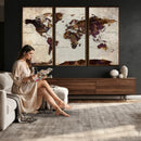 World Map Canvas Triptych – Colorful Global Wall Art for