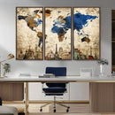 World Map Canvas Print – Vintage Blue and Gold World Map