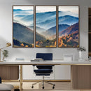 Misty Mountain Sunrise Triptych Canvas Print – Autumn