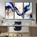 Golden Cascades on Midnight Blue – Deep Blue Abstract Wall