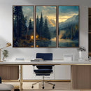 Mountain Cabin by the Lake at Sunset Wall Art - Serene