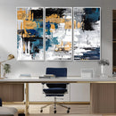 Blue and Gold Abstract Canvas Wall Art – Triptych Modern