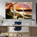 Golden Wave Sunset Triptych Canvas Art, Giclee Canvas Print