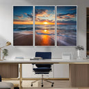 Sunset on the Ocean Beach with Waves, Reflections on Sand,
