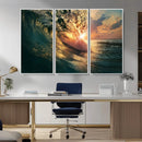 Ocean Wave Sunset Canvas Wall Art – Triptych Seascape Print