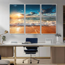 Golden Sunset Beach Triptych Canvas Art, Giclee Coastal Wall