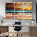 Golden Sunset Beach Canvas Wall Art – Triptych Seascape