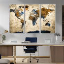World Map Wall Art – Antique Style Blue and Brown Map Canvas