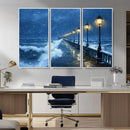 Stormy Ocean Pier Lights Canvas Wall Art Print - Large Moody