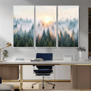 Misty Pine Forest Wall Art Canvas, Sunrise Over Foggy Trees