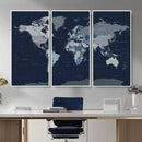 Blue Detailed World Map Wall Art Canvas Print, Modern Framed