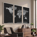 Black World Map Wall Art Canvas Print – Detailed Map of the