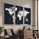 Black World Map Wall Art Canvas Print for Home Office and