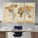 Vintage World Map Canvas Print – Framed Rustic Detailed Map