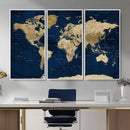 Navy Blue World Map Canvas Print – Detailed Map Minimal Navy