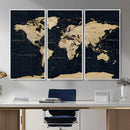 Dark World Map Canvas Wall Art Print, Minimal Black and Gold
