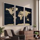 Dark World Map Canvas Wall Art Print, Minimal Black and Gold
