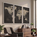 Custom World Map with Pins Canvas Wall Art Dark Charcoal