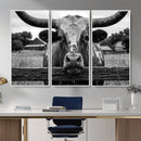 Black White Texas Longhorn Bull Canvas Wall Art, Western Ranch Cattle Photography Print, Rustic Farmhouse Cowboy Decor Artwork