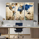 World Map Canvas Print – Vintage Blue and Gold World Map