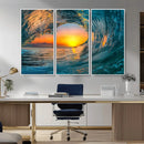 Ocean Wave Sunset Wall Art | Large Coastal Wave Canvas Print