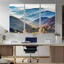 Misty Mountain Sunrise Triptych Canvas Print – Autumn
