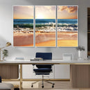 Sunset Beach Wall Art - 3-Panel Framed Canvas Print, Ready