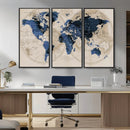 Vintage Blue World Map Canvas Wall Art – Antique Style