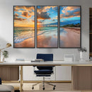 Sunset Ocean Waves on Tropical Beach, 3-Panel Giclee Canvas