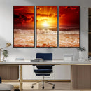 Red Sunset Ocean Beach Canvas Wall Art Beach Canvas, Coastal