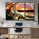 Golden Wave Sunset Triptych Canvas Art, Giclee Canvas Print