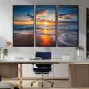 Sunset on the Ocean Beach with Waves, Reflections on Sand,